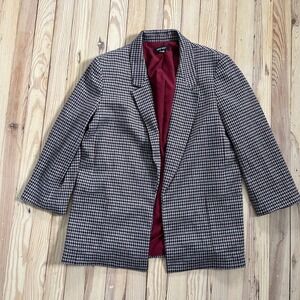 Nine West Womens Houndstooth Open Blazer Burgundy Black preppy Large academia